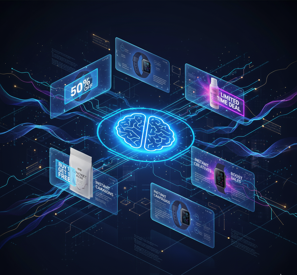 A tablet showing AI-generated marketing content and images for a product promotion.