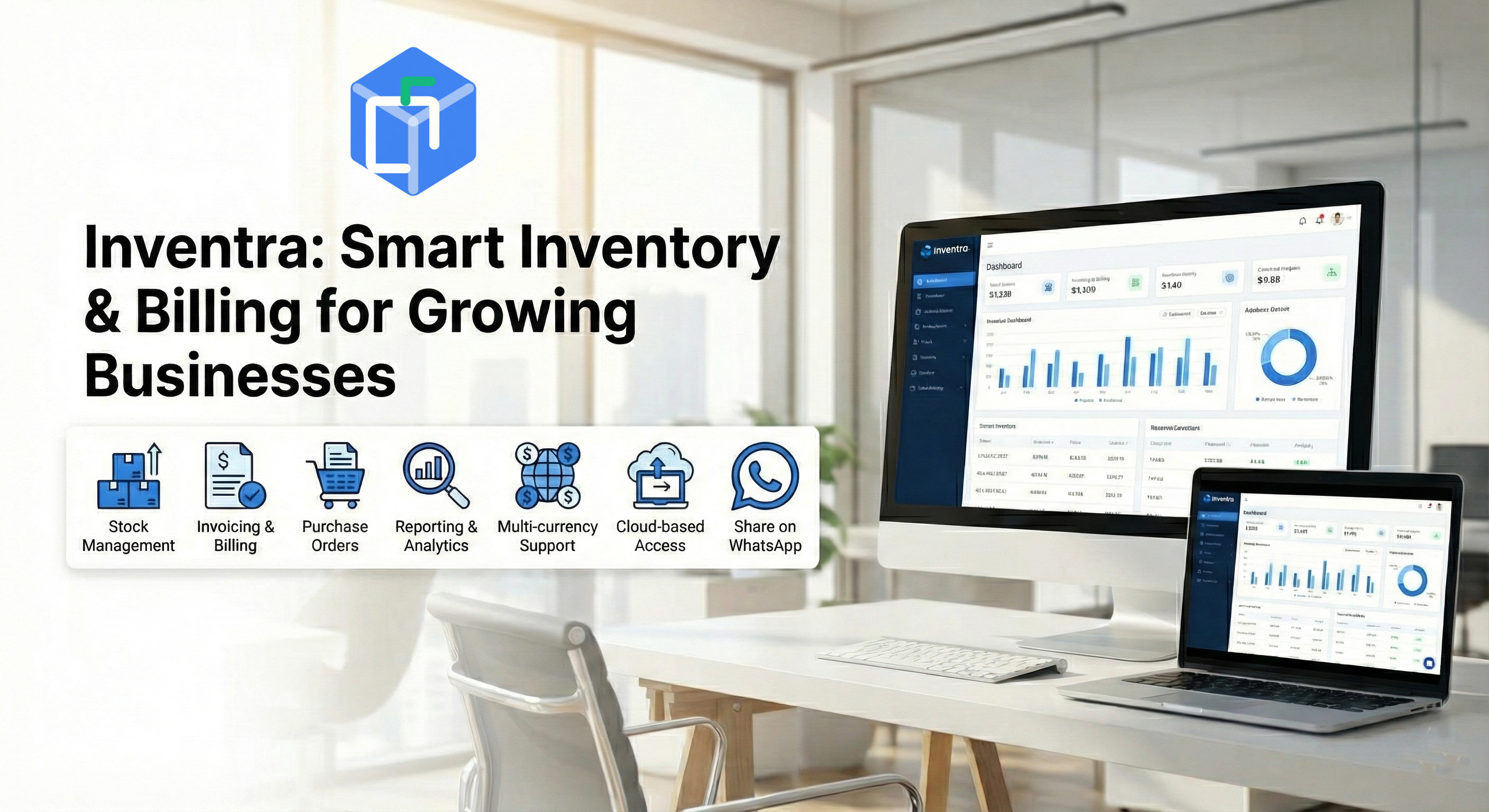 Inventra application dashboard showing key metrics and charts.